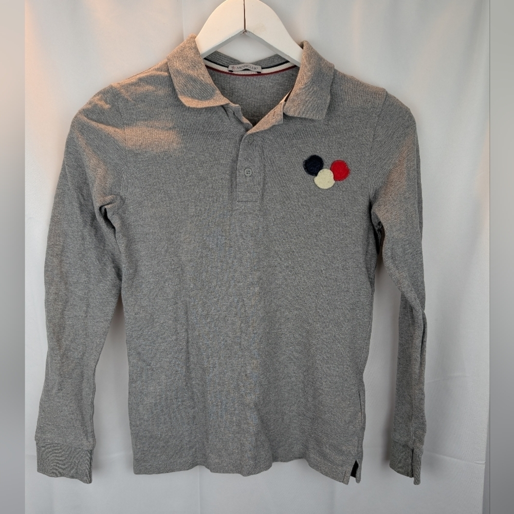 Moncler Gray Long Sleeve Polo Shirt with Colorful Patch Size 12 In VGUC